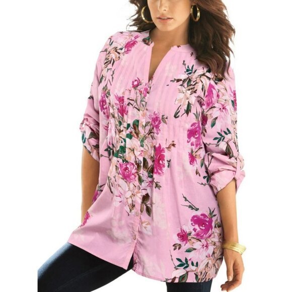 Plus Size 6X 7X Roamans Pretty Pink Blouse 36W top shirt floral - Picture 1 of 9